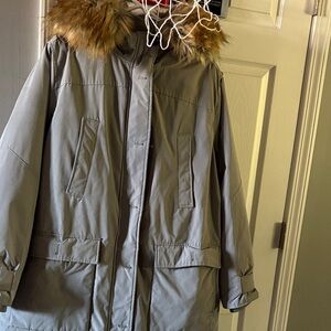 Woman Within Taupe Fur-Trimmed Puffer Coat